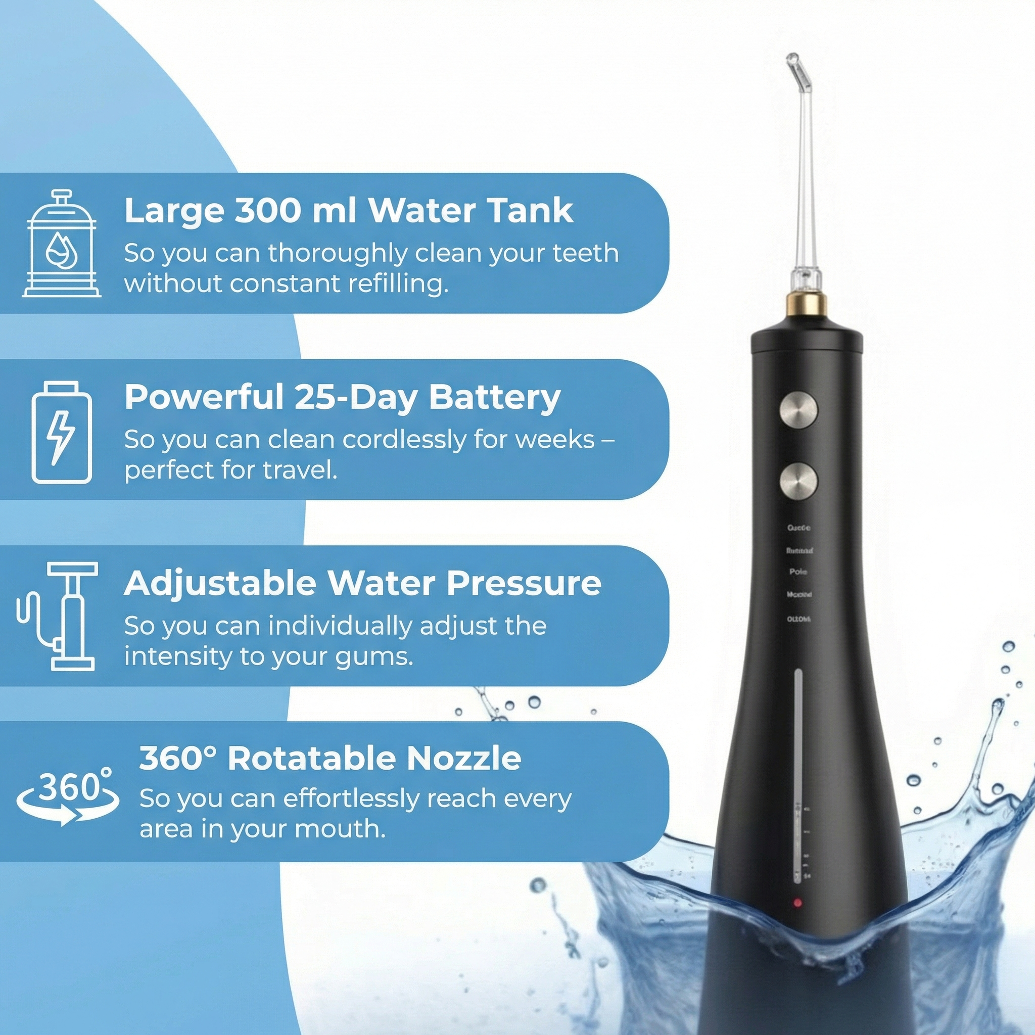 Cordless Water Flosser For effective dental and gum care / Includes 4 nozzle tips, 300 ml water tank, 30–120 PSI water pressure and IPX7 waterproof protection